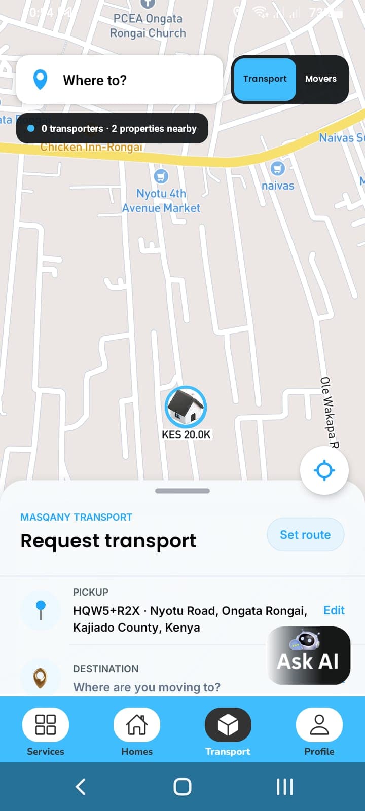 Masqany Transport network mobile screen